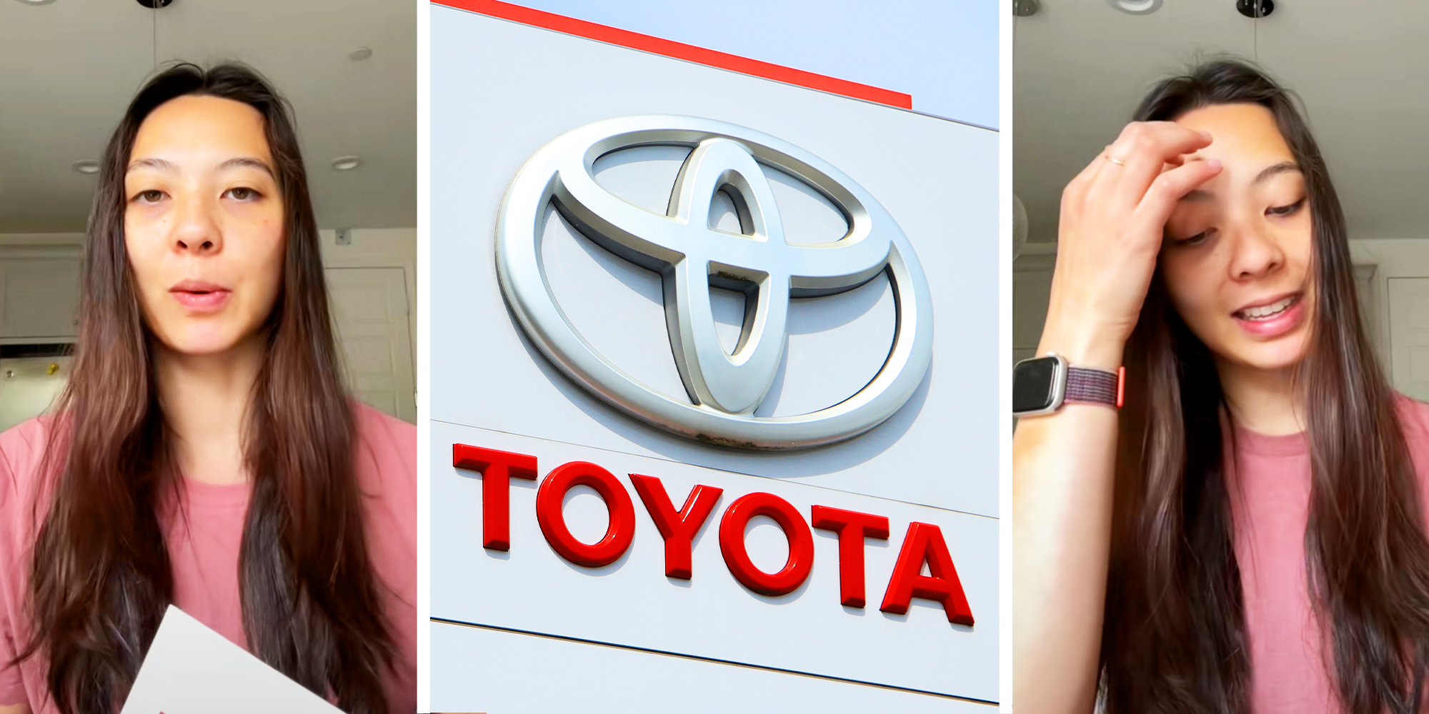 3 Panel Image, Girl with long brown hair and pink shirt, and Toyota Logo