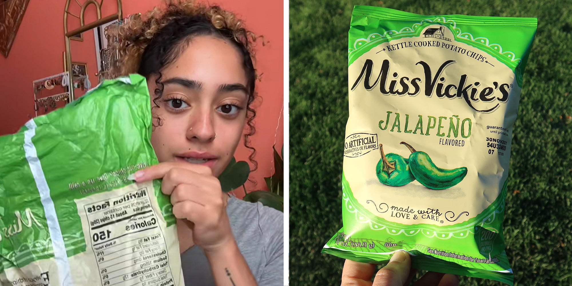 2 image split. Woman holding bag of chips on left. Miss Vickie's chip bag on right.