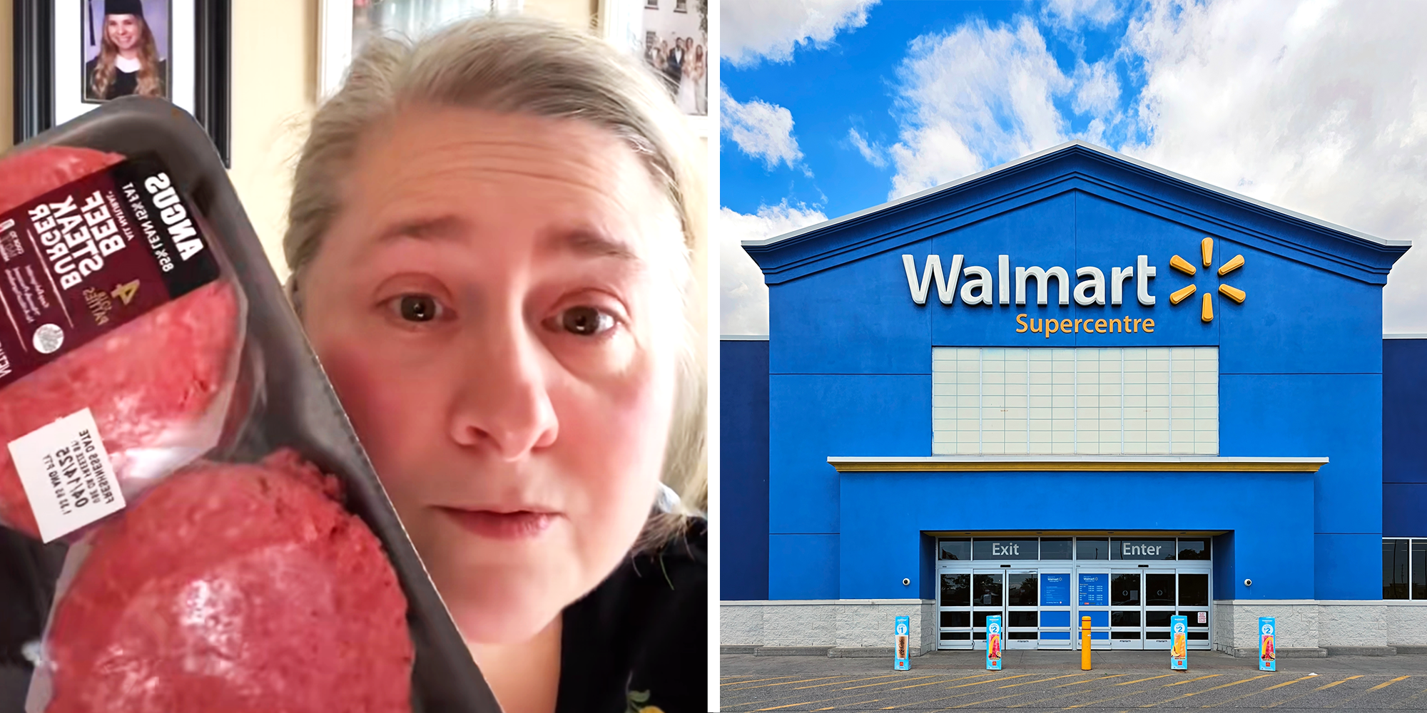 Women holding angus burger meat patties, Walmart store