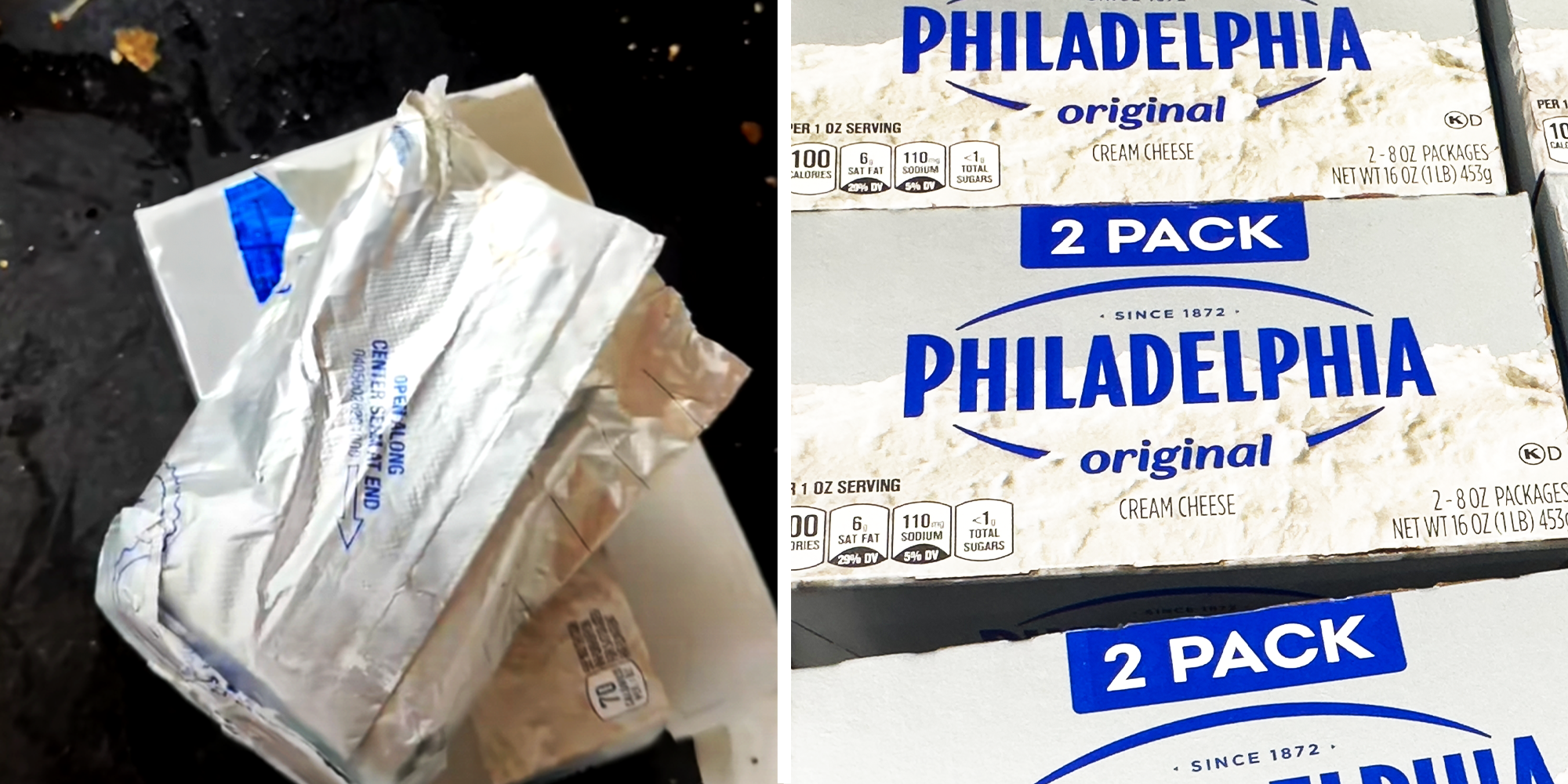 Poorly opened Philadelphia Cream cheese package, and unopened package of Philadelphia cream Cheese