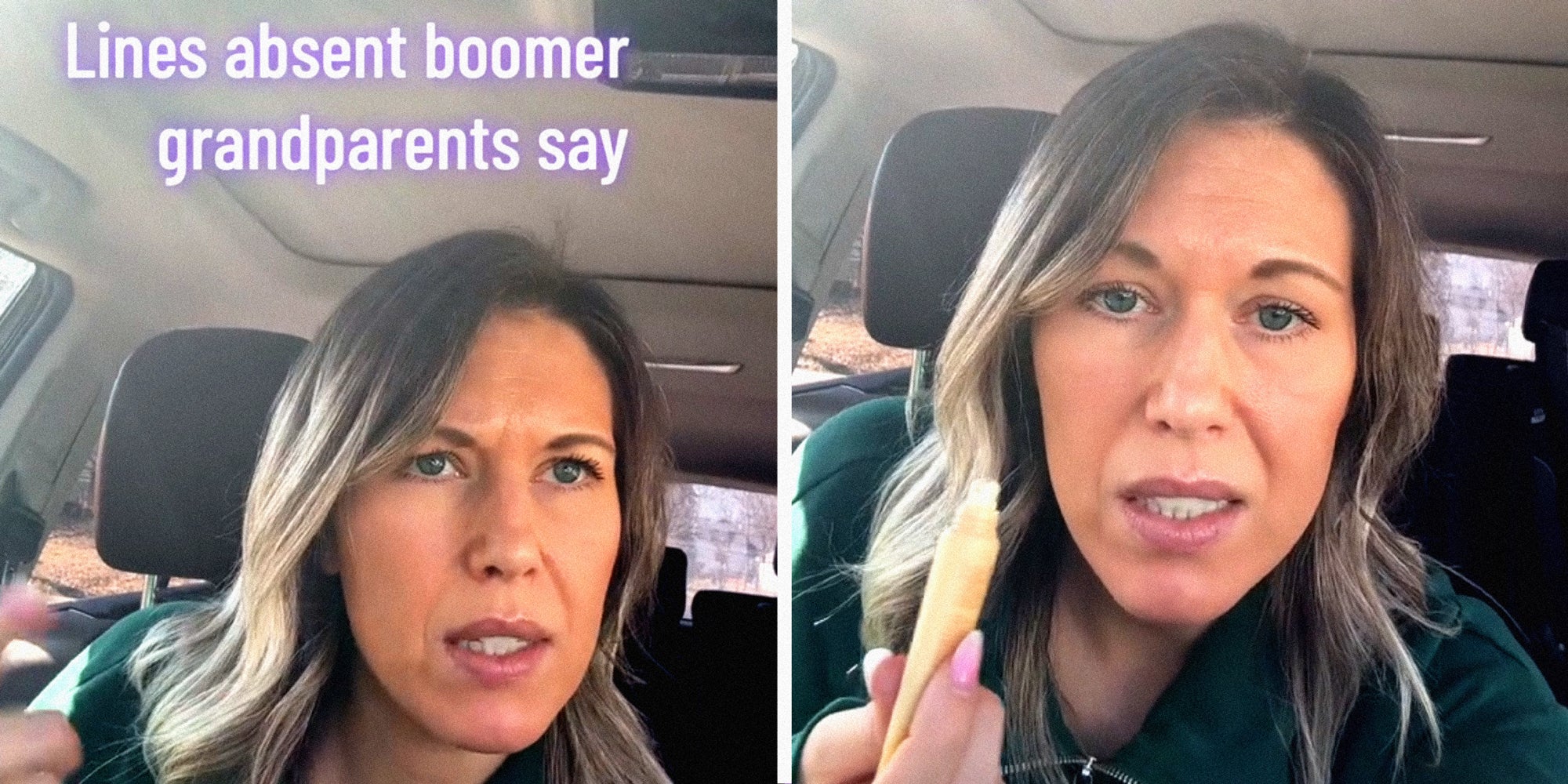 2 panel image of a person explaining in their car. Text over: Lines absent boomer grandparents say