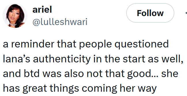 Addison Rae iPod Nano tweet reading 'a reminder that people questioned lana’s authenticity in the start as well, and btd was also not that good… she has great things coming her way'