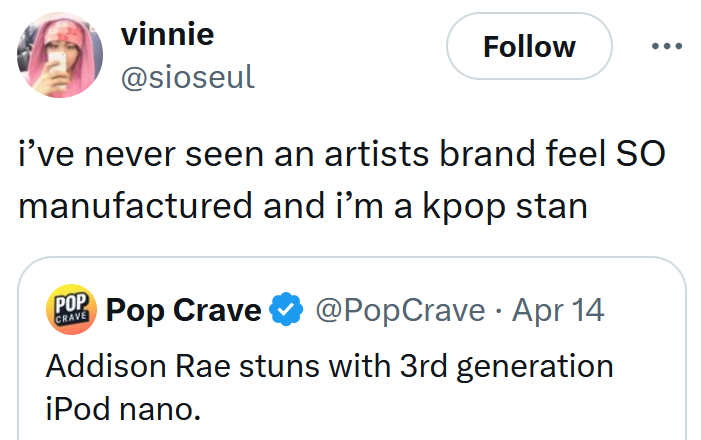 Tweet reading 'i’ve never seen an artists brand feel SO manufactured and i’m a kpop stan'