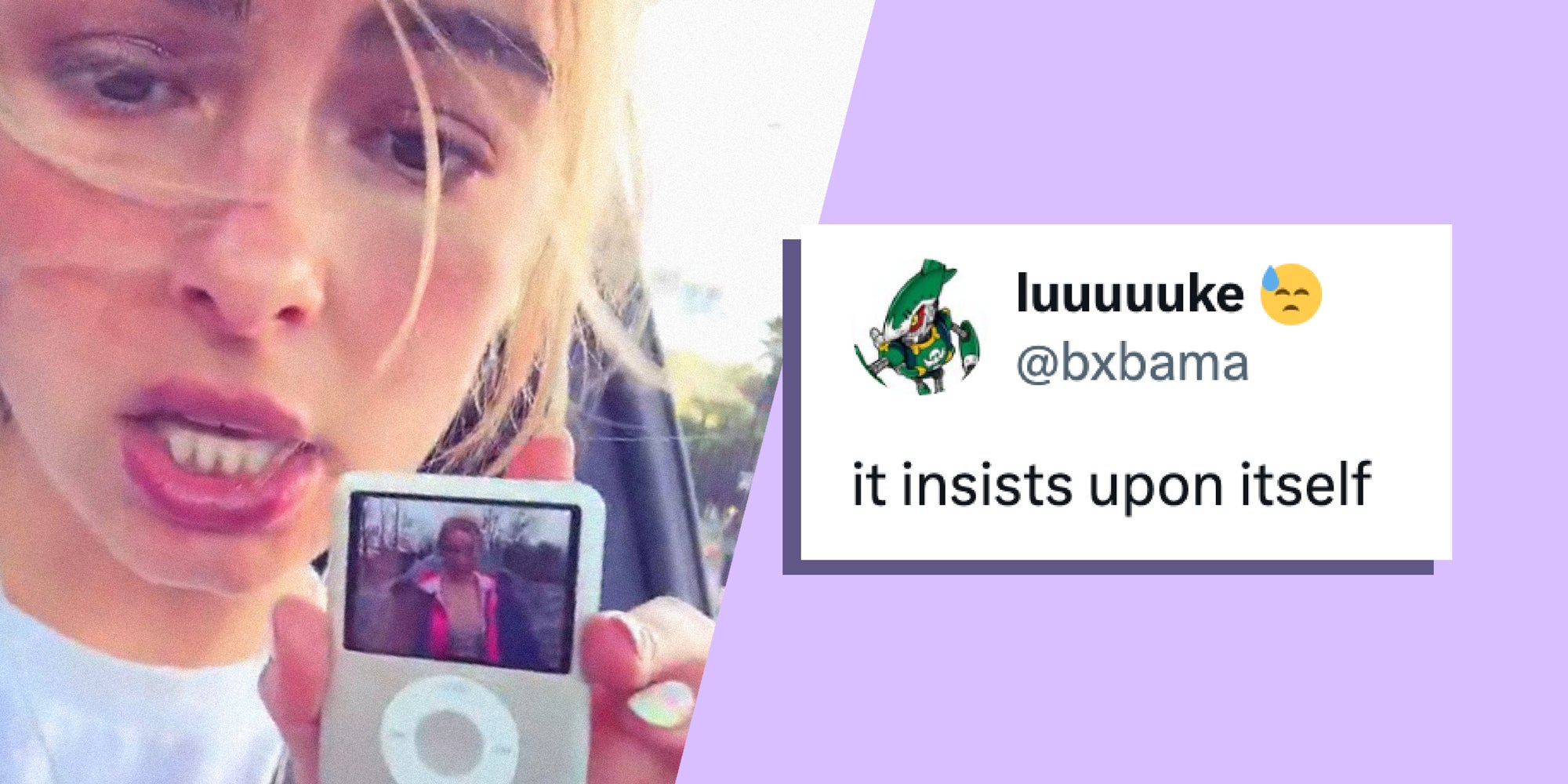 2 panel image of Addison Rae holding up an ipod. Text over is a tweet saying, 'it insists upon itself.'