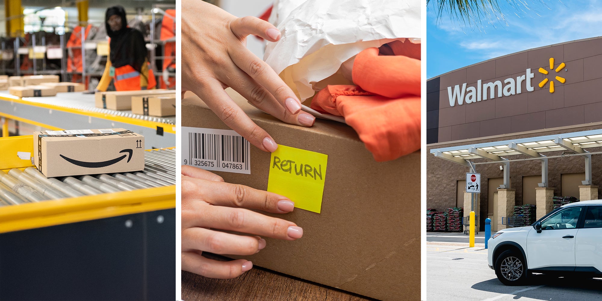 amazon box(l) person putting return sticky note on box(c) Walmart store Front(r)