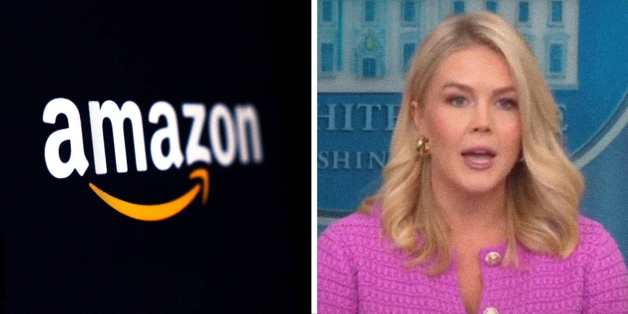2 panel image of the amazon logo and the White house press secretary. tariff tax