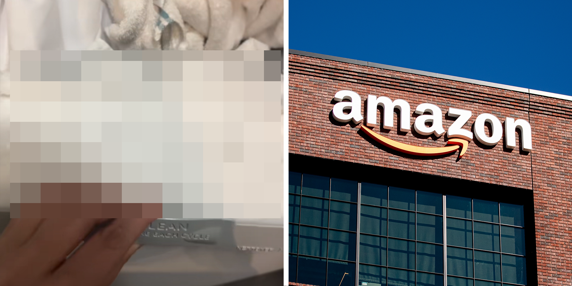 2 split image. Pixelated item being removed from dryer on left. Amazon building on right.