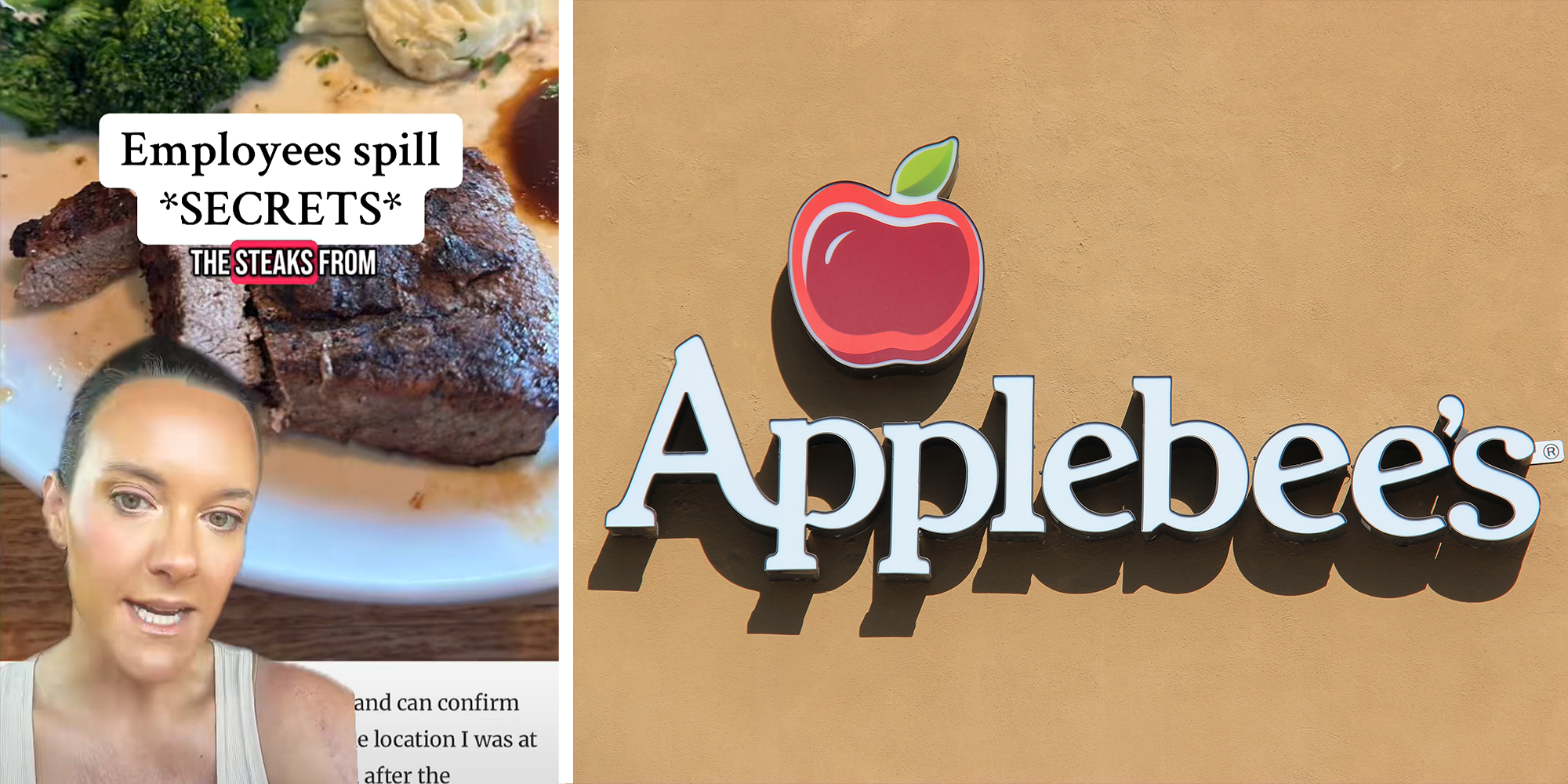 2 image split. Woman with steak in background and overlayed caption that reads: "Employee spills secrets" on left. Applebees on right.