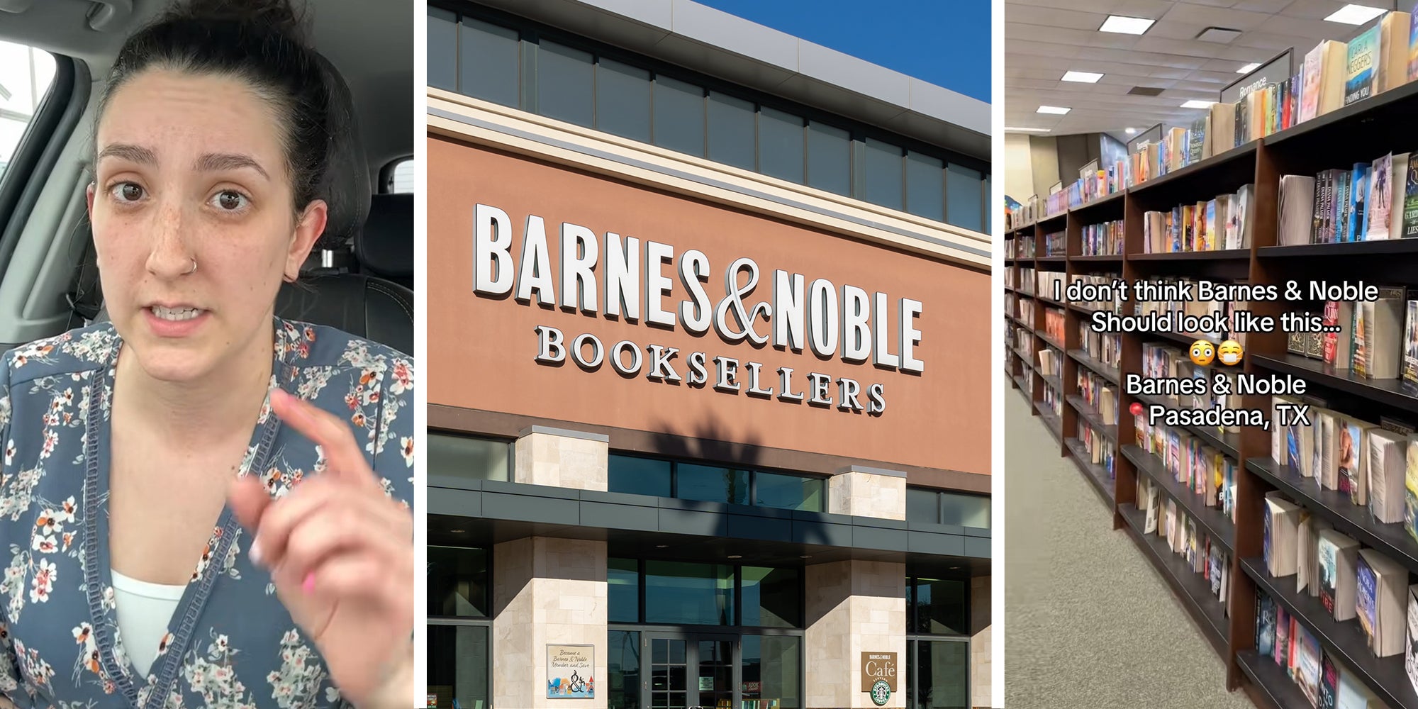 woman shares the state of condition book store is at(l) Barnes and Noble Store Front(c) Rows of books at Barnes and Noble(r)