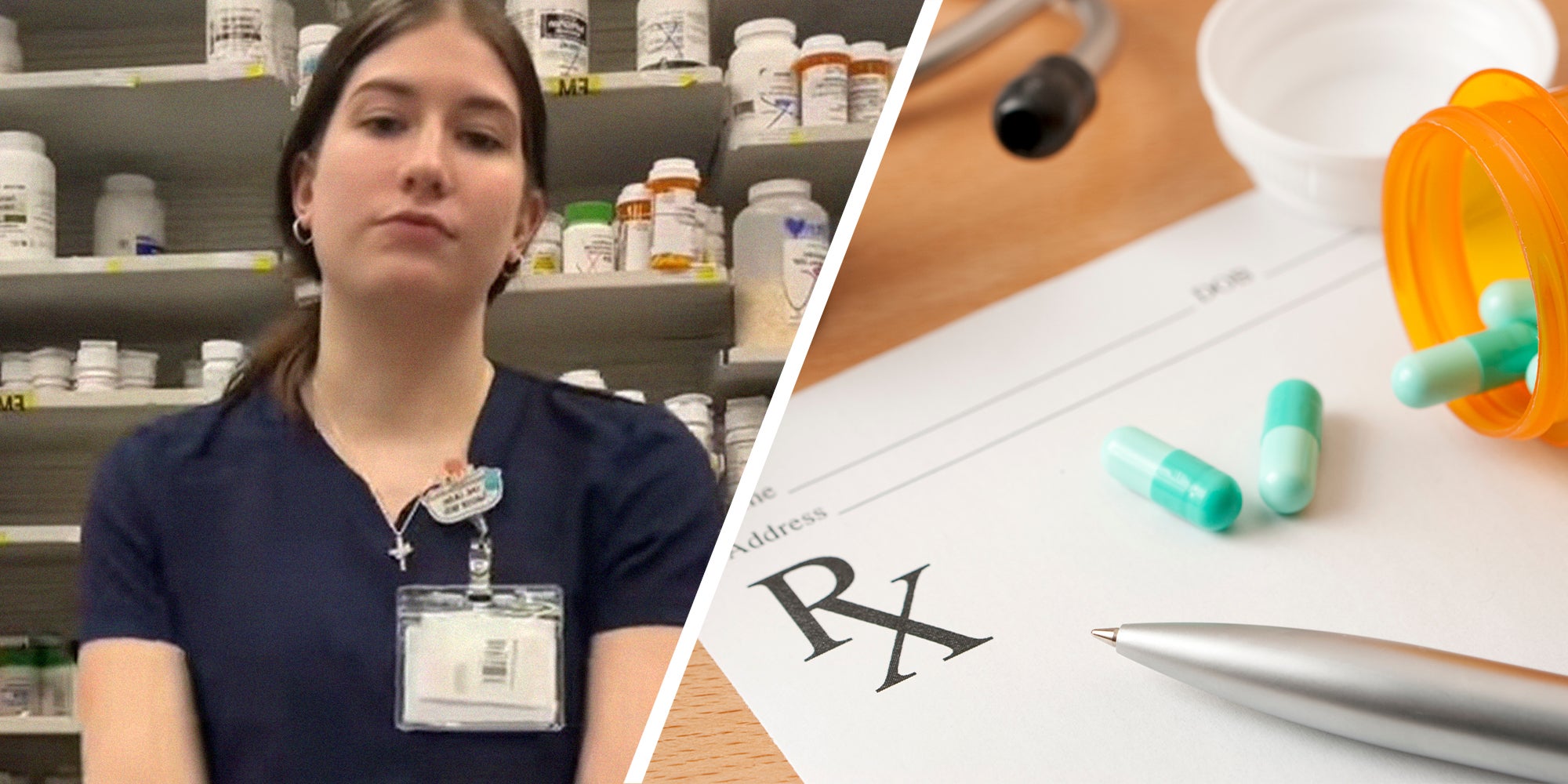 Pharmacist at work(l) Prescription document(r)