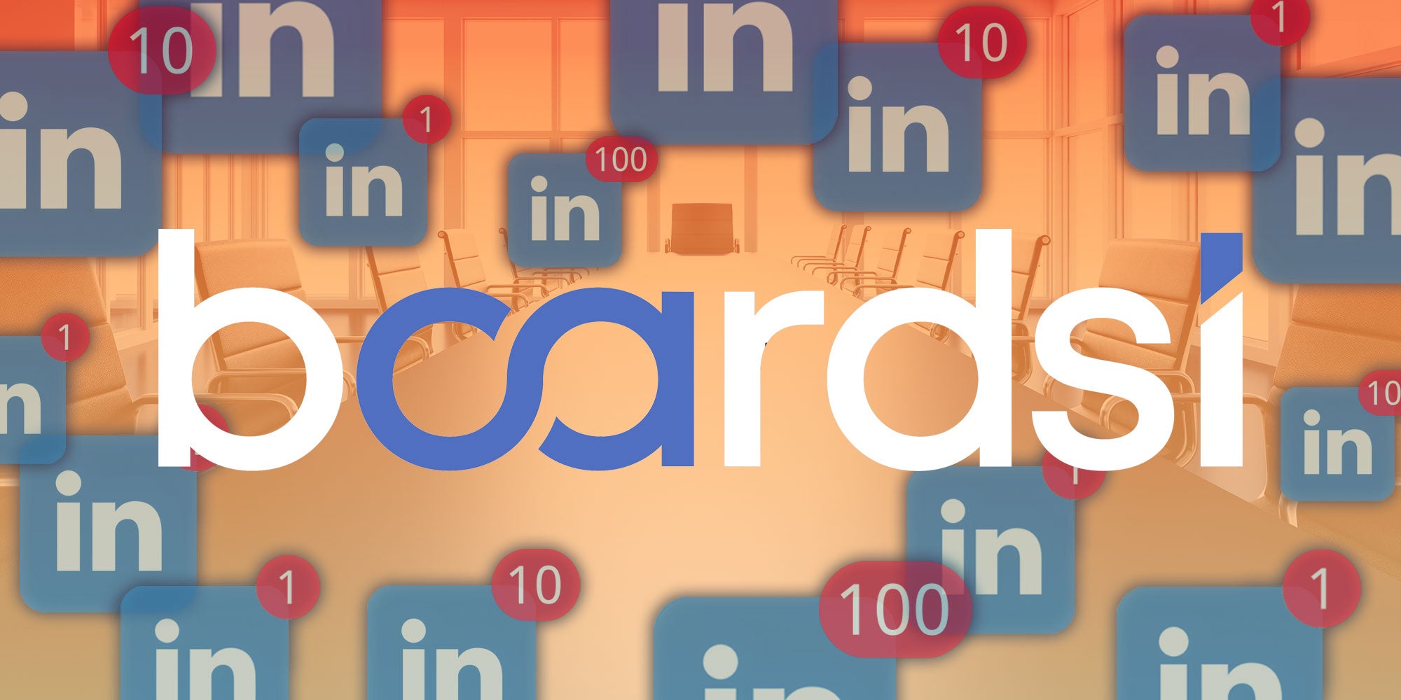 Photo Illustration of the Boardsi logo over a photo of a boardroom with several LinkedIn apps floating in the background