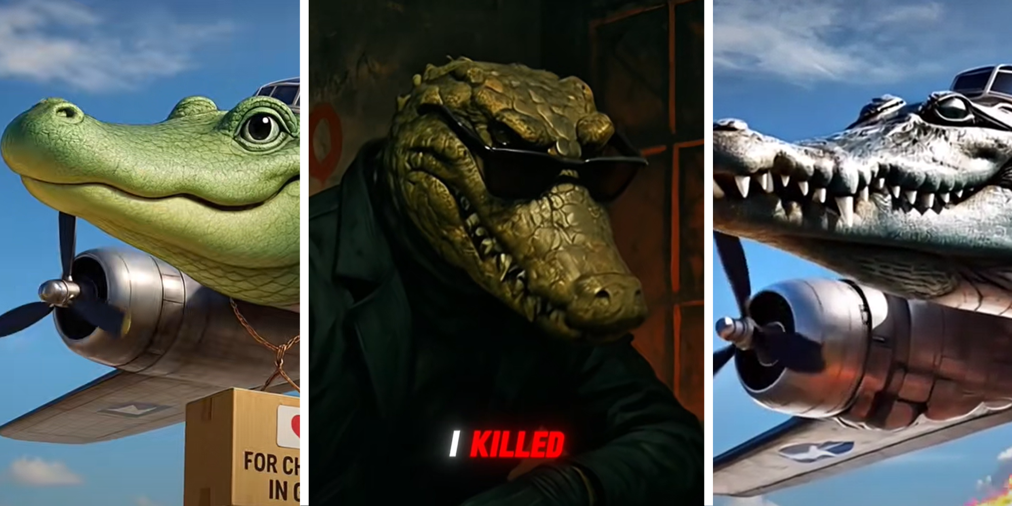 2 image splits. Screenshots of Tik Tok meme about a crocodile.