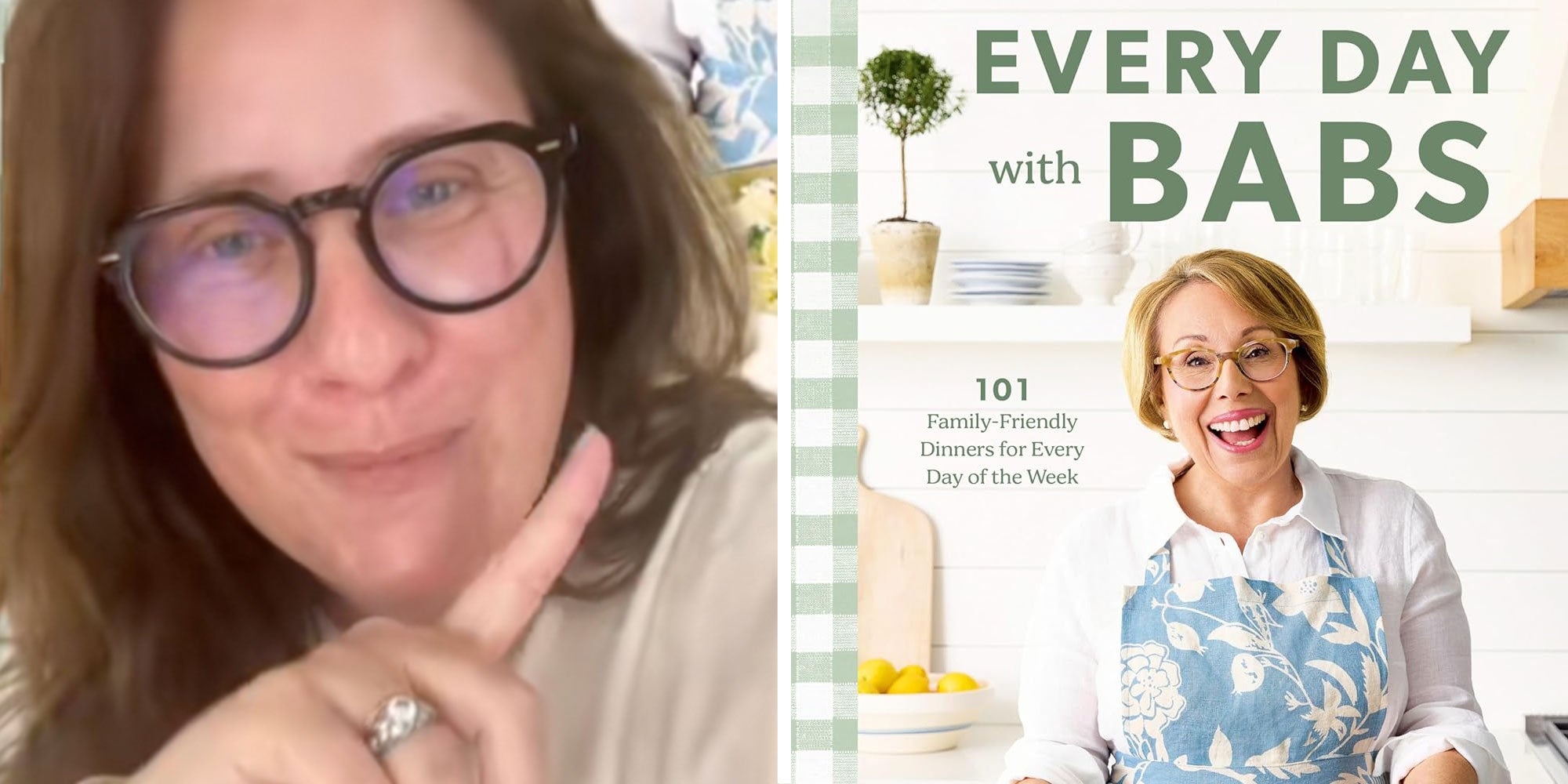 Screenshot of Tiktok user @thefoxfamilyden; Book cover from "Ever Day with Babs" by Clarkson Potter Publishing