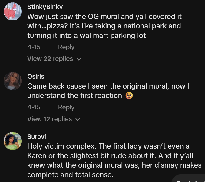 TikTok comments including one reading 'Wow just saw the OG mural and yall covered it with…pizza? It’s like taking a national park and turning it into a wal mart parking lot.'