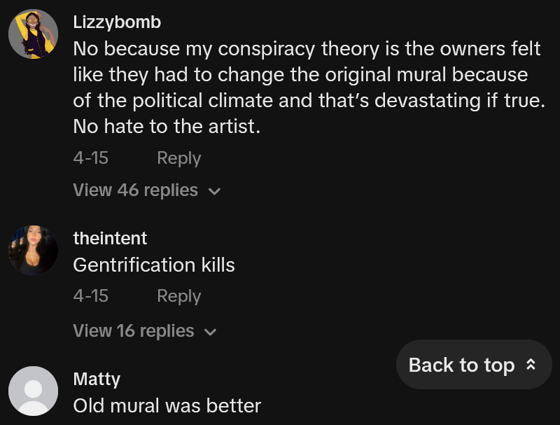 TikTok comments including one reading 'No because my conspiracy theory is the owners felt like they had to change the original mural because of the political climate and that’s devastating if true. No hate to the artist.'