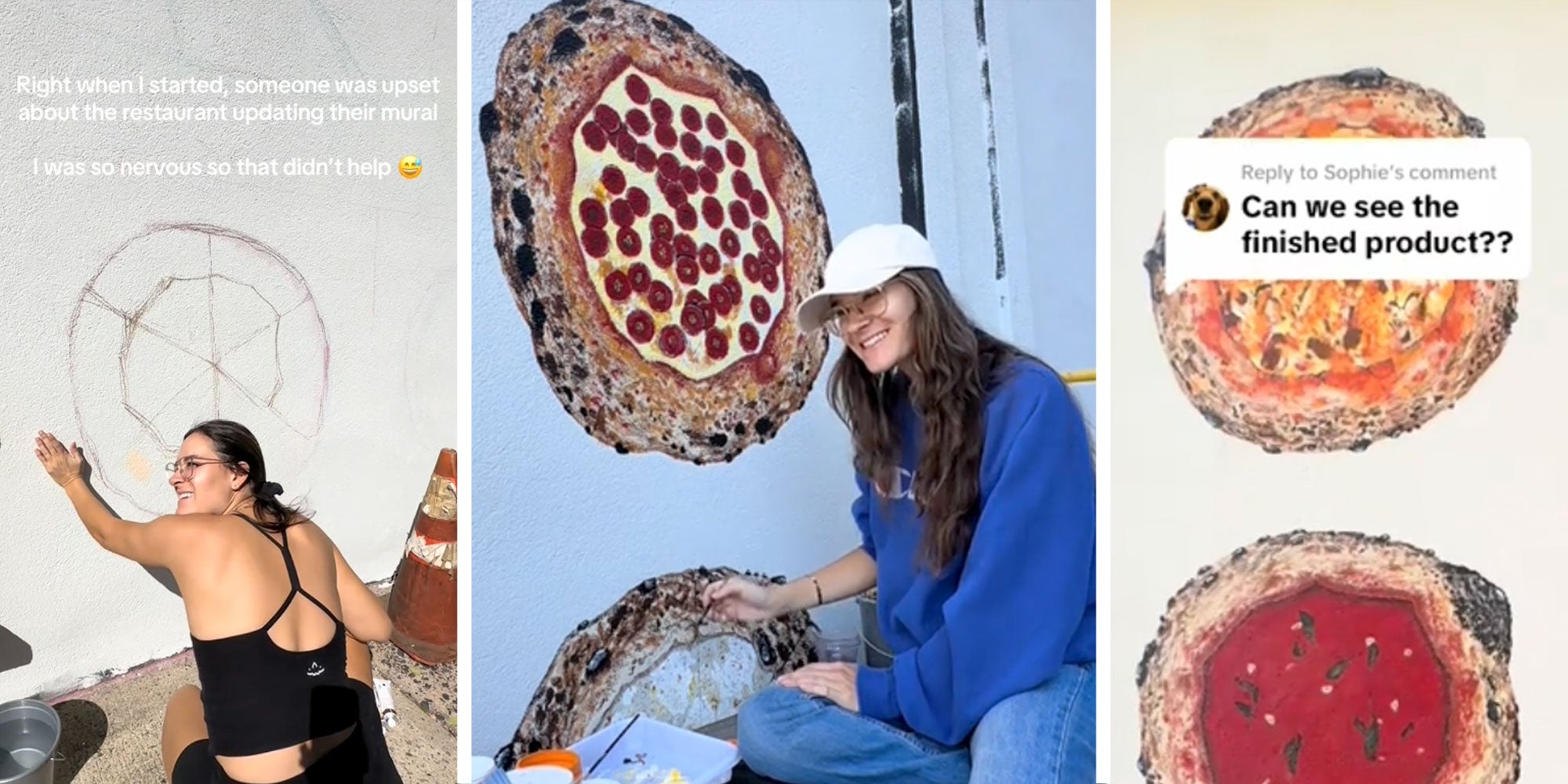 Screenshots of Tiktok user @artbyjenflaum painting a mural at Brick + Dough in Montclair.