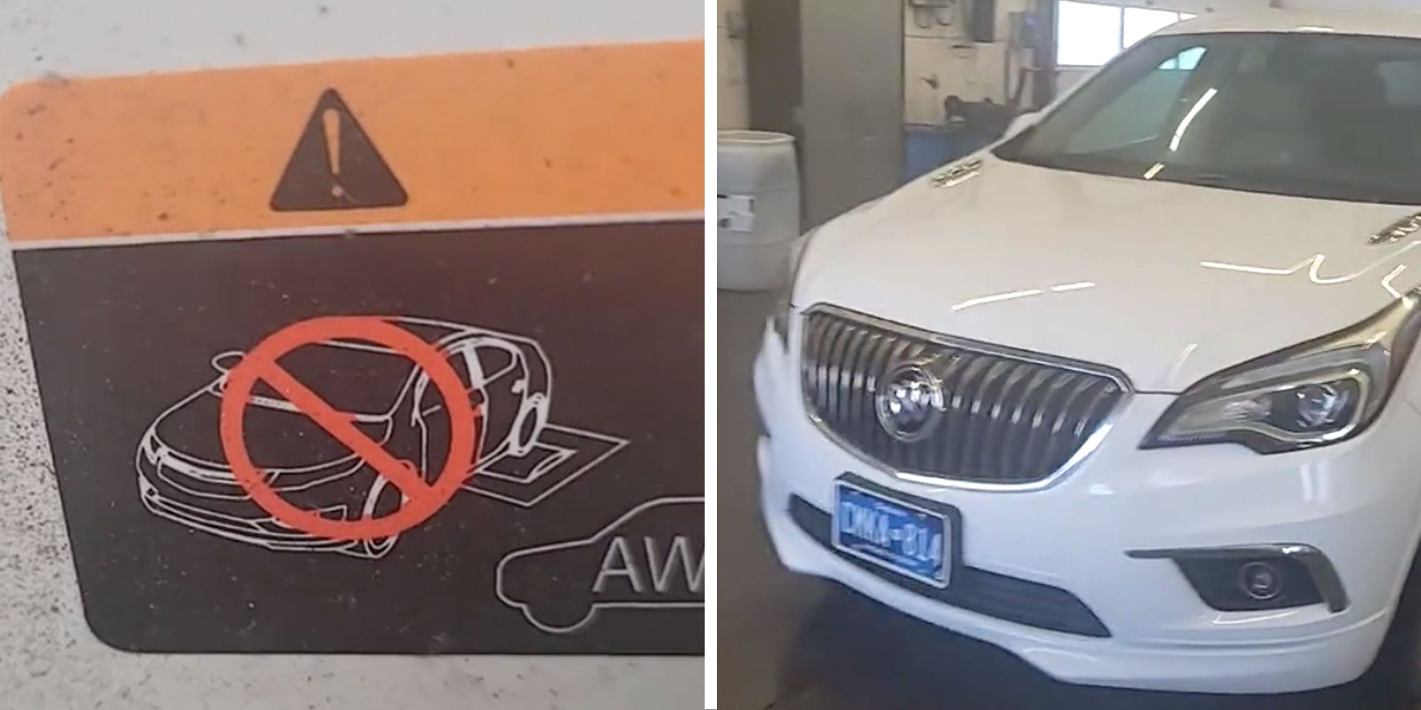Screenshots from Tiktok user @johnforce03 of a sticker under a Buick and a Buick exterior.
