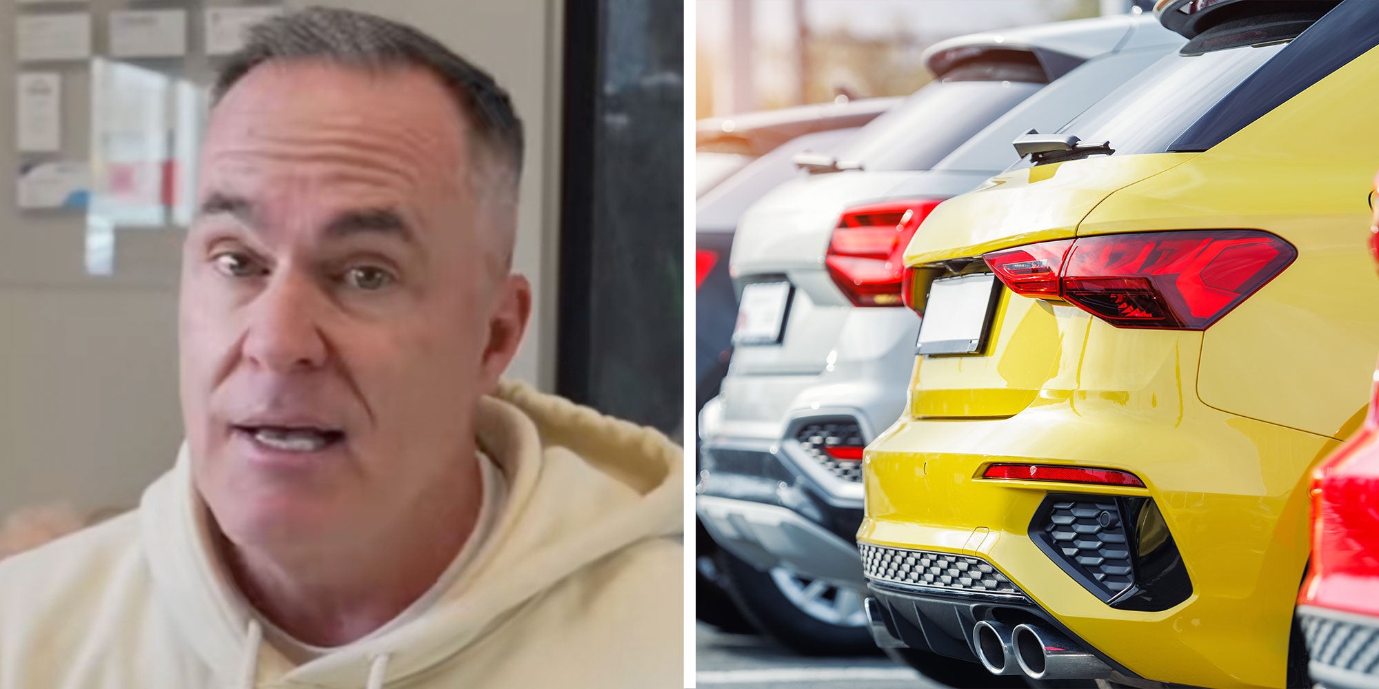 Screenshot of Tiktok user @evautoalex; Photo of several parked SUVs.