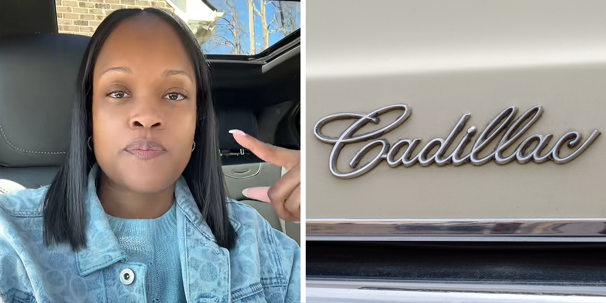 2 image split. Woman looking upset, sitting in car, on left. Cadillac on car on right.