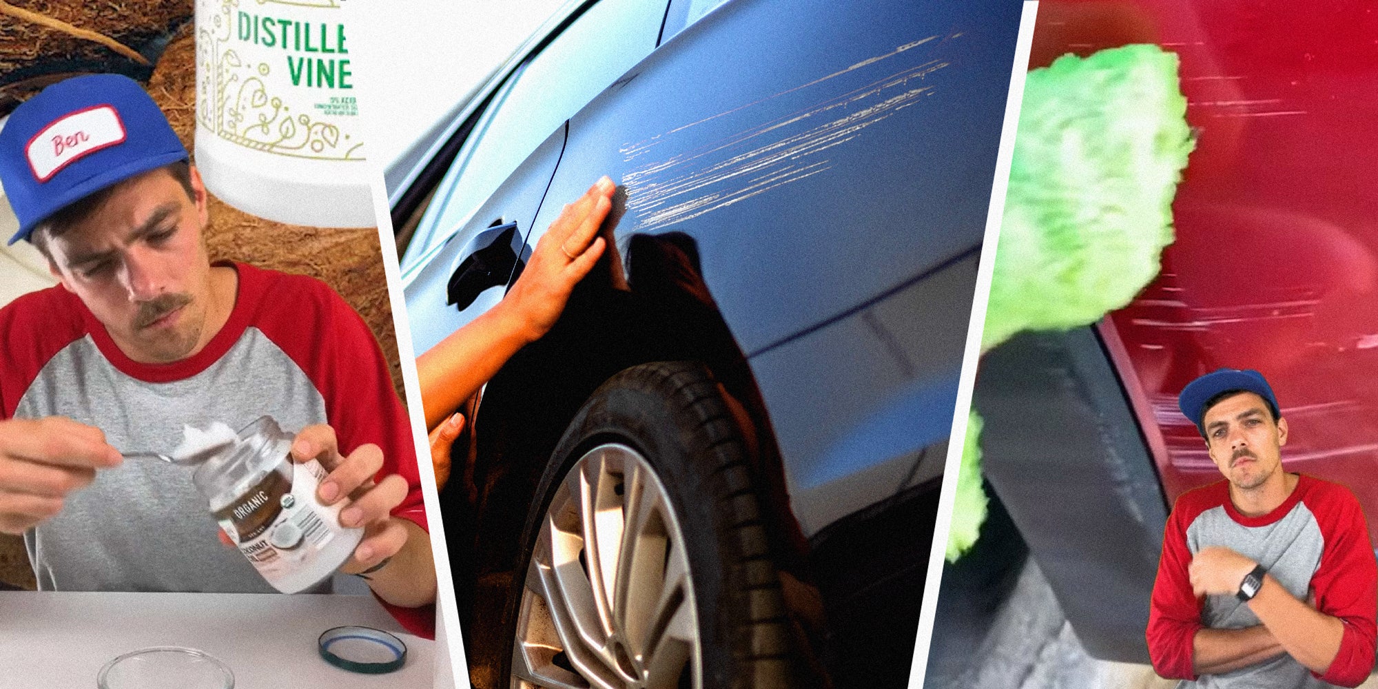 3 panel image, on the sides a person demonstrates and in the middle a person runs their hand over a scratched car.