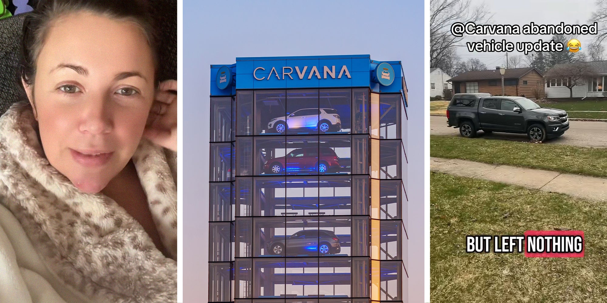 woman shares caravana story(l) Caravana building with cars(c) Chevrolet pickup parked outside of home(r)