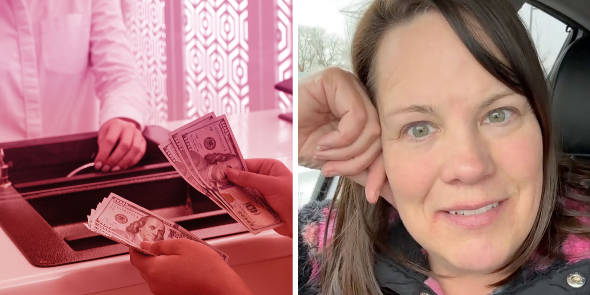 Photo of a woman at a Bank Teller window with cash in hand; Screenshot of Tiktok user @joyfullysober.