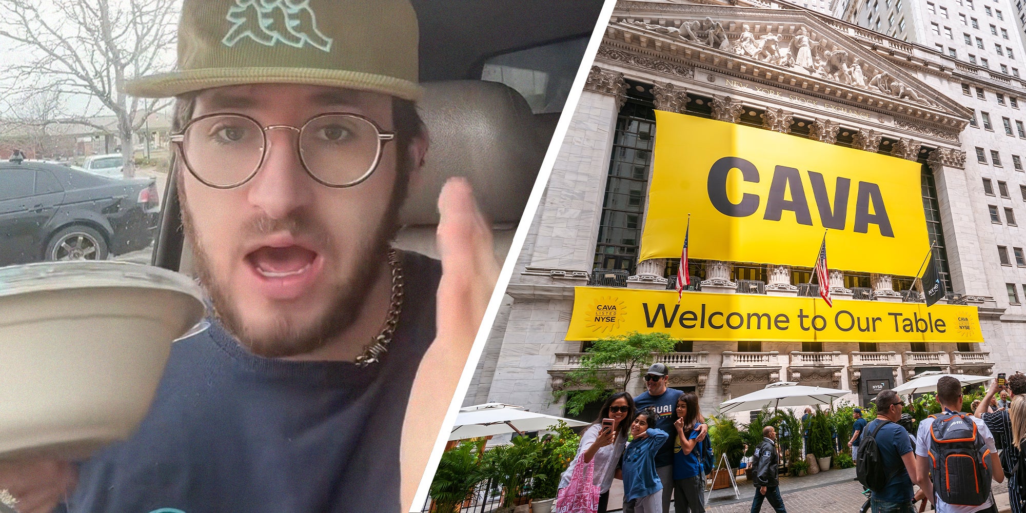 Man looking shocked while sharing his experience ordering food at cava(l) Sava Store Sign(r)