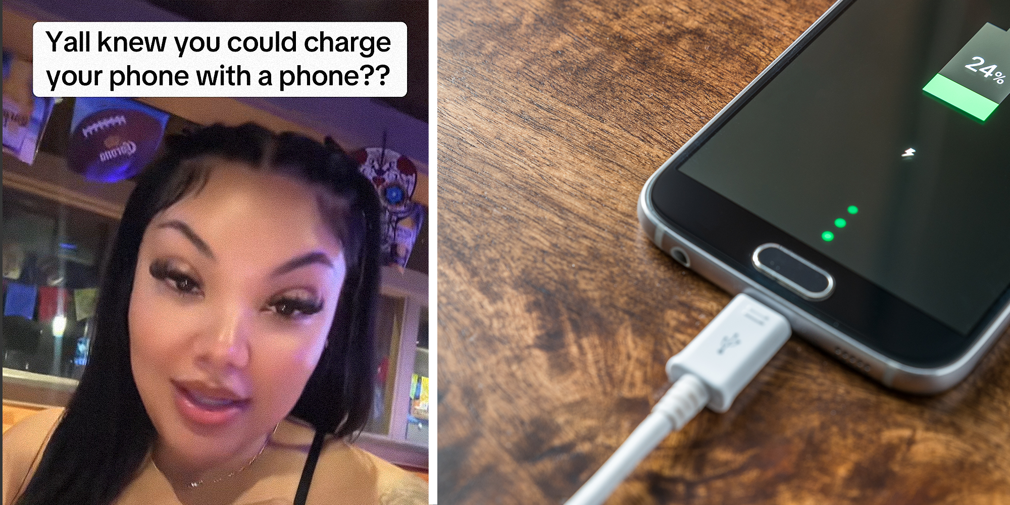 2 panel image. Woman with caption that reads: "Y'all knew you could charge a phone with a phone?" on left. Phone charging on right.