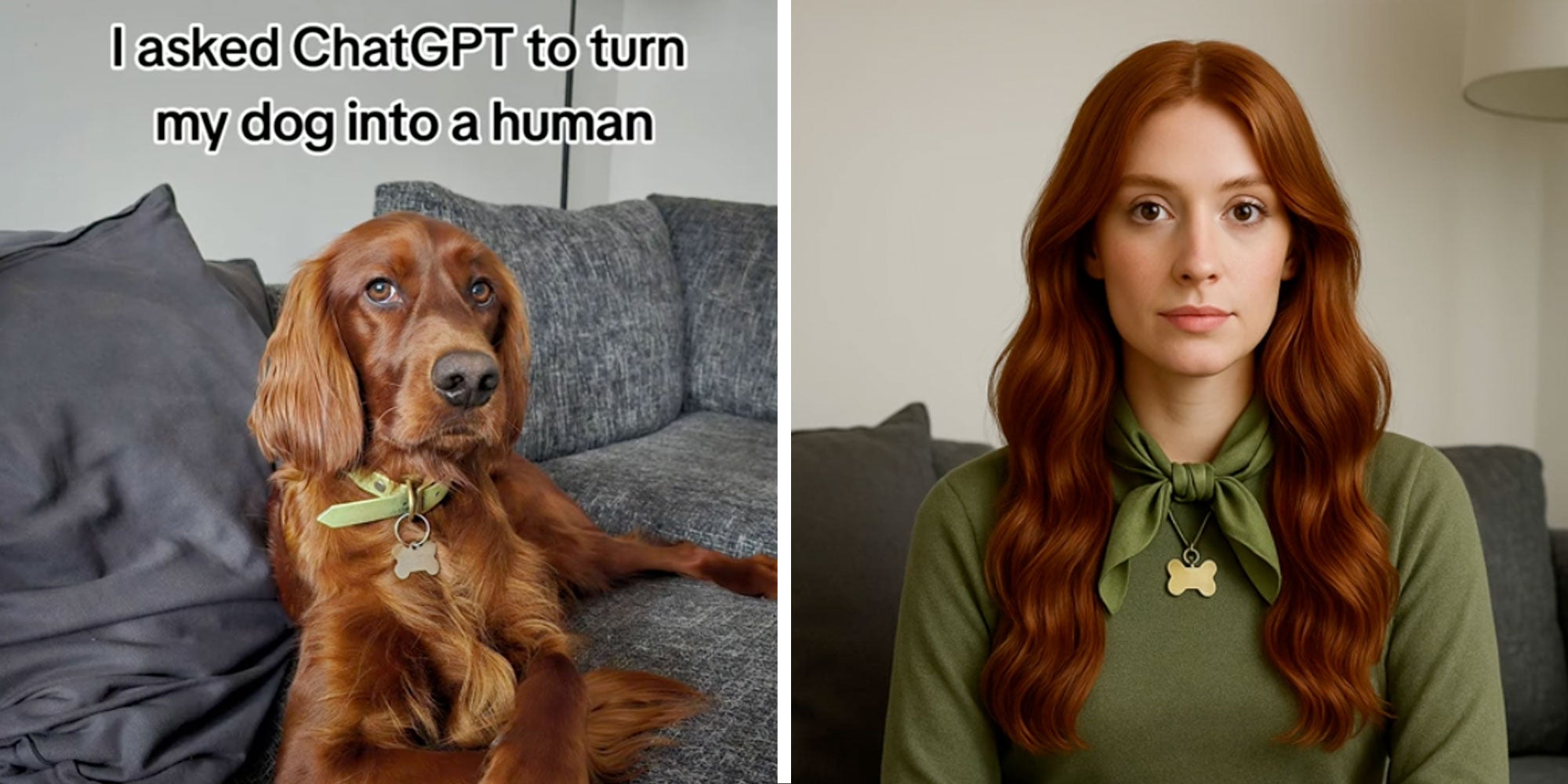 Left: Screenshot of Tiktok user @roisintheredsetter's dog with the caption 'I asked ChatGPT to turn my dog into a human'; Right: AI Image of a Red haired woman.