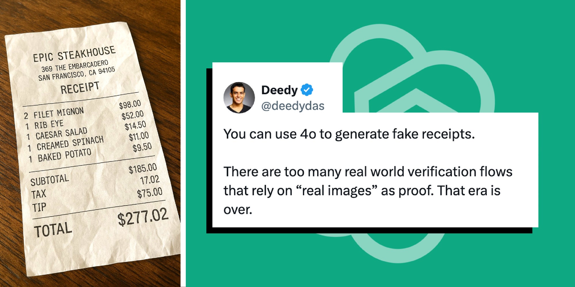 2 panel image showing a fake receipt and the chatgpt logo with a post over it.