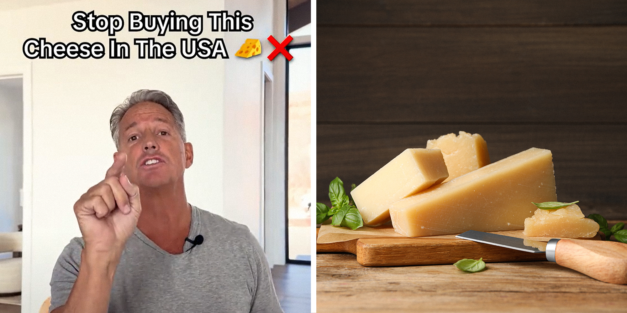 2 panel image. Man pointing at camera with caption that reads: 'Stop buuying this cheese in the U.S.A (cheese emoji) (X emoji)' on left. Cheese on wooden board on right.