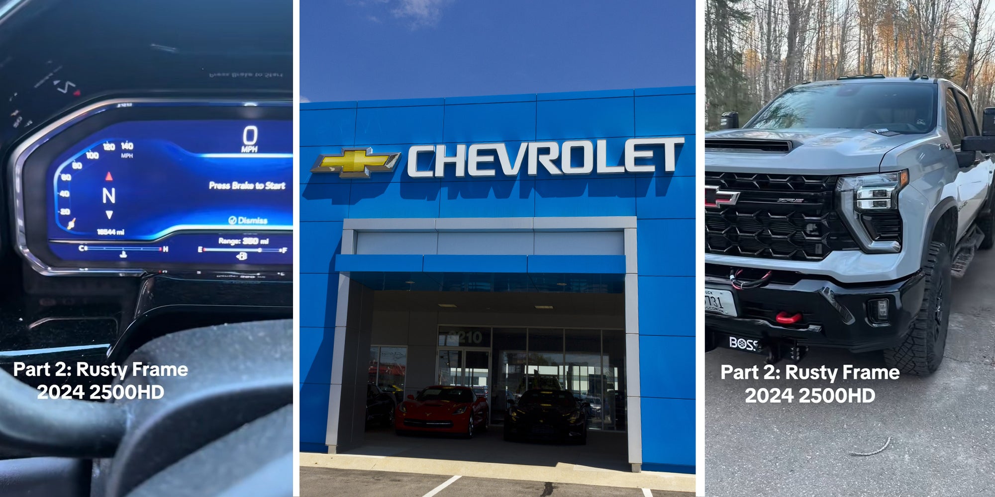 chevrolet dash(l) Chevrolet logo on blue building(c) Grey 2024 2500HD Pickup(r)