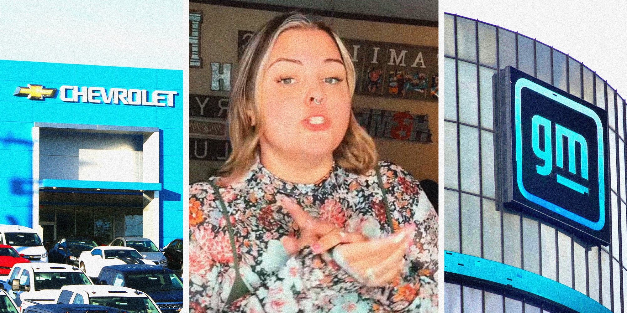 3 panel image: a Chevrolet dealership, a person explaining, and a GM dealership.