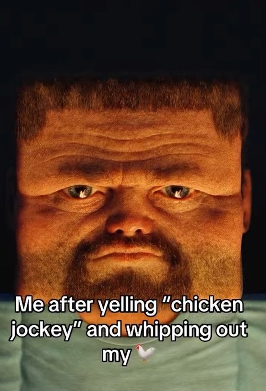 ai chicken jockey meme that reads 'me after yelling 'chicken jockey and whipping out my