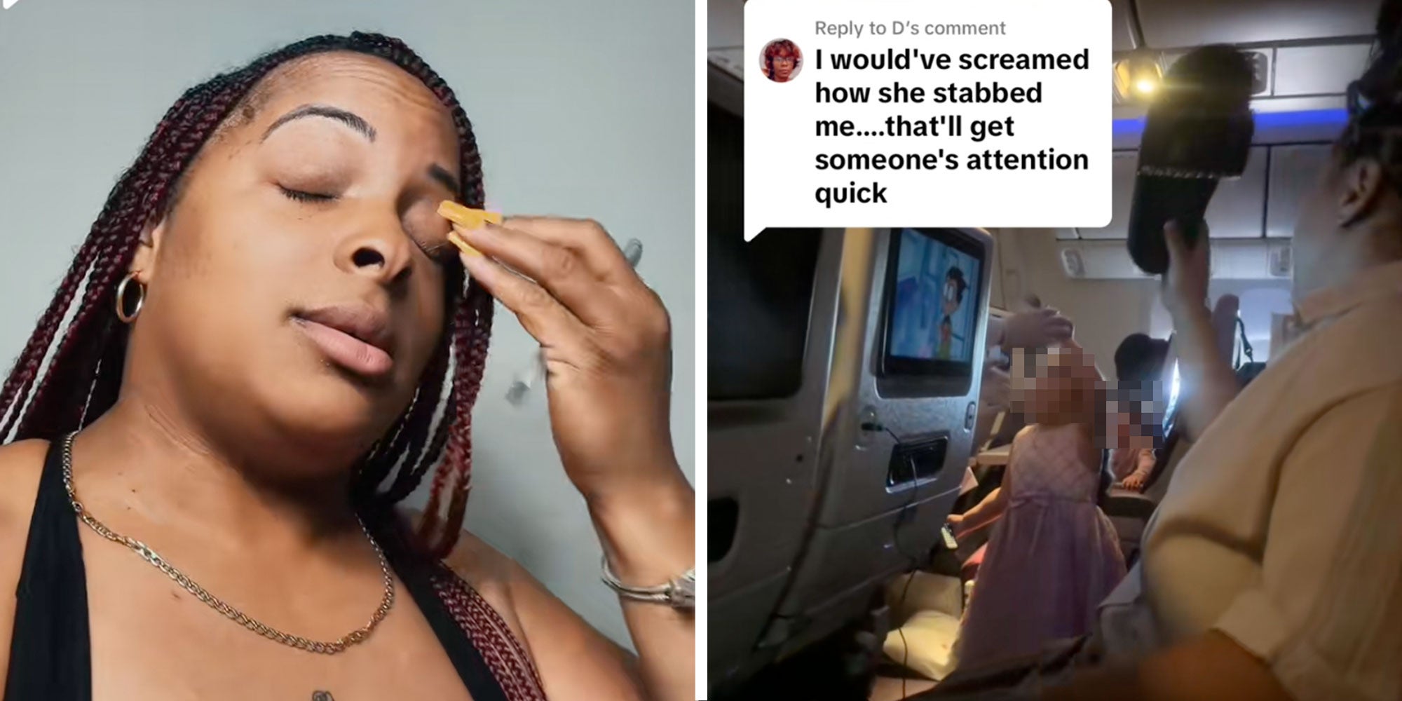 Left: Screenshot of Tiktok user @donnitta_renee; Right: Screenshot from Tiktok user @donnitta_renee on an airplane with the caption 'I would've screamed how she stabbed me....that'll get someone's attention quick'