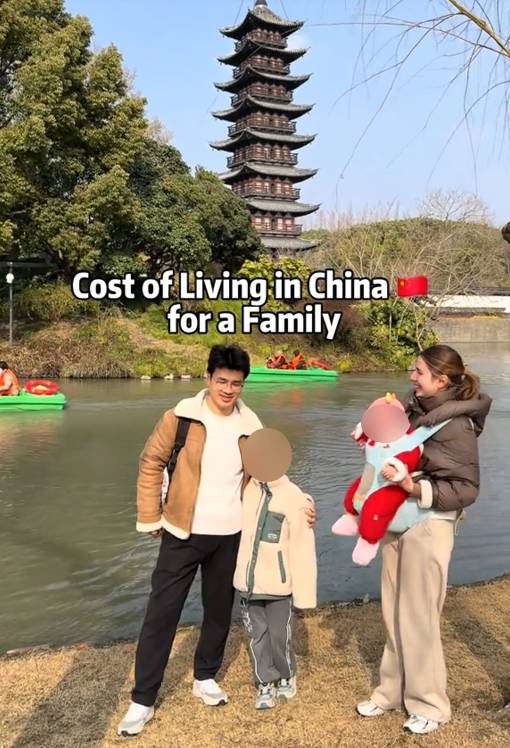 TikTok video of a family of four posing in front of a river with the caption reading 'Cost of Living in China for a Family'