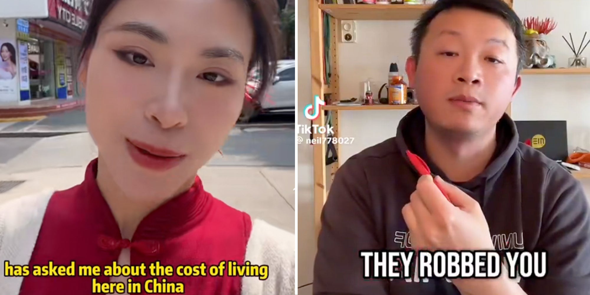 Screenshots from X users @lisalee6789 and @neil778027 of TikToks from Chinese creators with the captions 'has asked me about the cost of living here in China' and 'They Robbed You'.