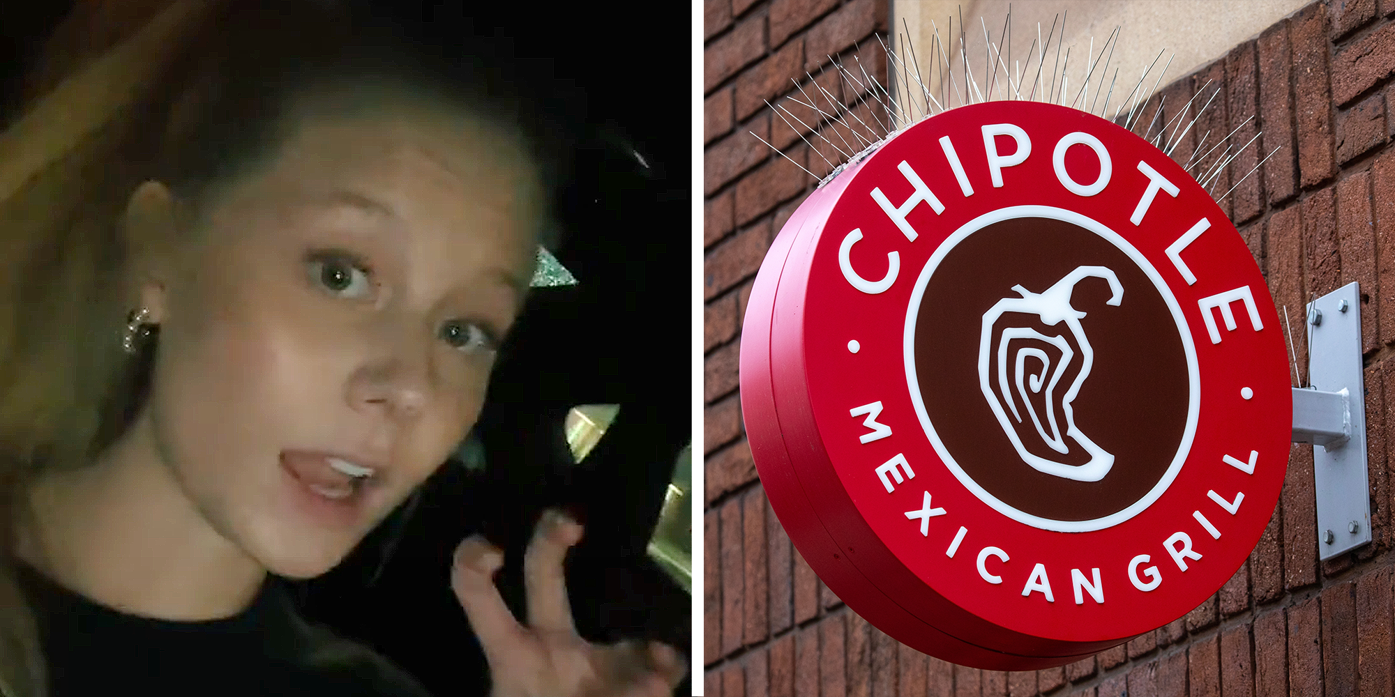 2 image split. Woman in car with air quote in hand on left. Chipotle on right.
