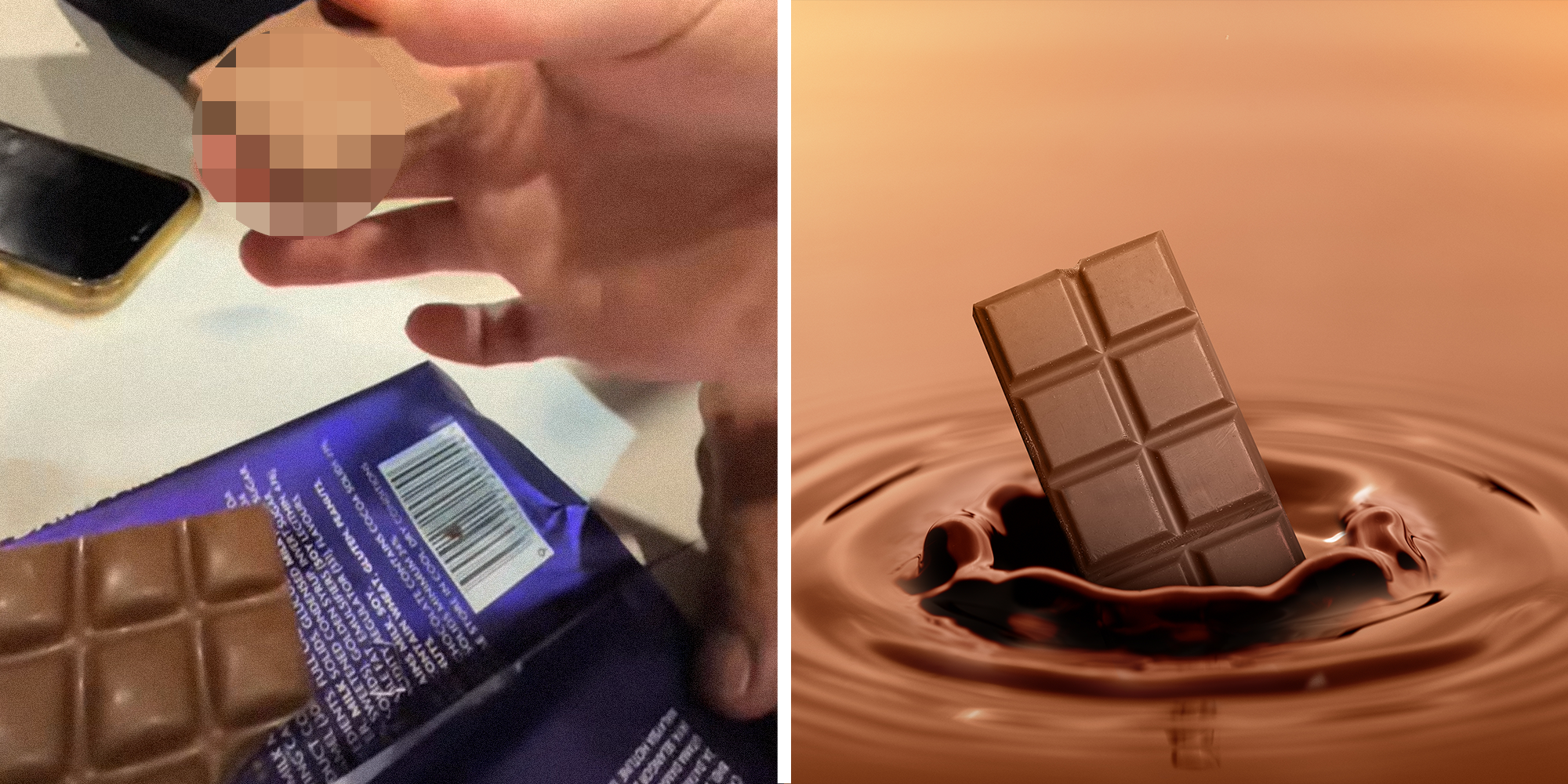 2 panel image. Hand holding chocolate piece of Cadbury bar with circle blurred on left. Chocolate bar in puddle of chocolate on right.