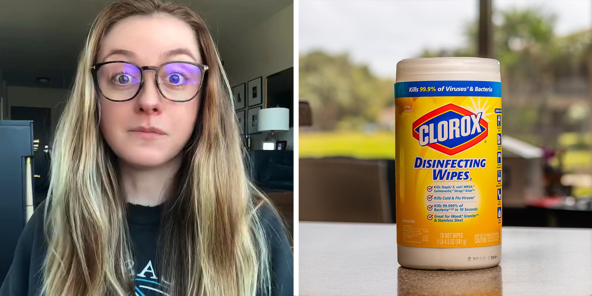 2 image split. Woman with shocked expression on right. Clorox wipes on left.