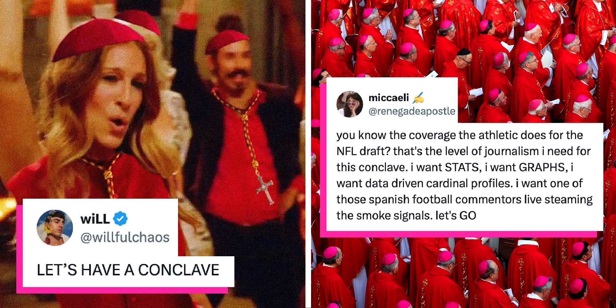 2 panel image: showing a Sarah Jessica Parker in a scene from the TV show Glee, on the other Catholic cardinals in the Vatican.