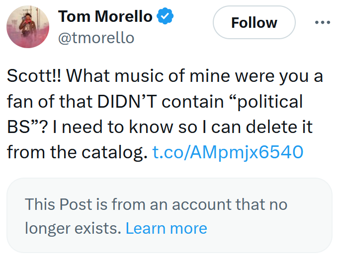 Tweet reading 'Scott!! What music of mine were you a fan of that DIDN’T contain “political BS”? I need to know so I can delete it from the catalog.'