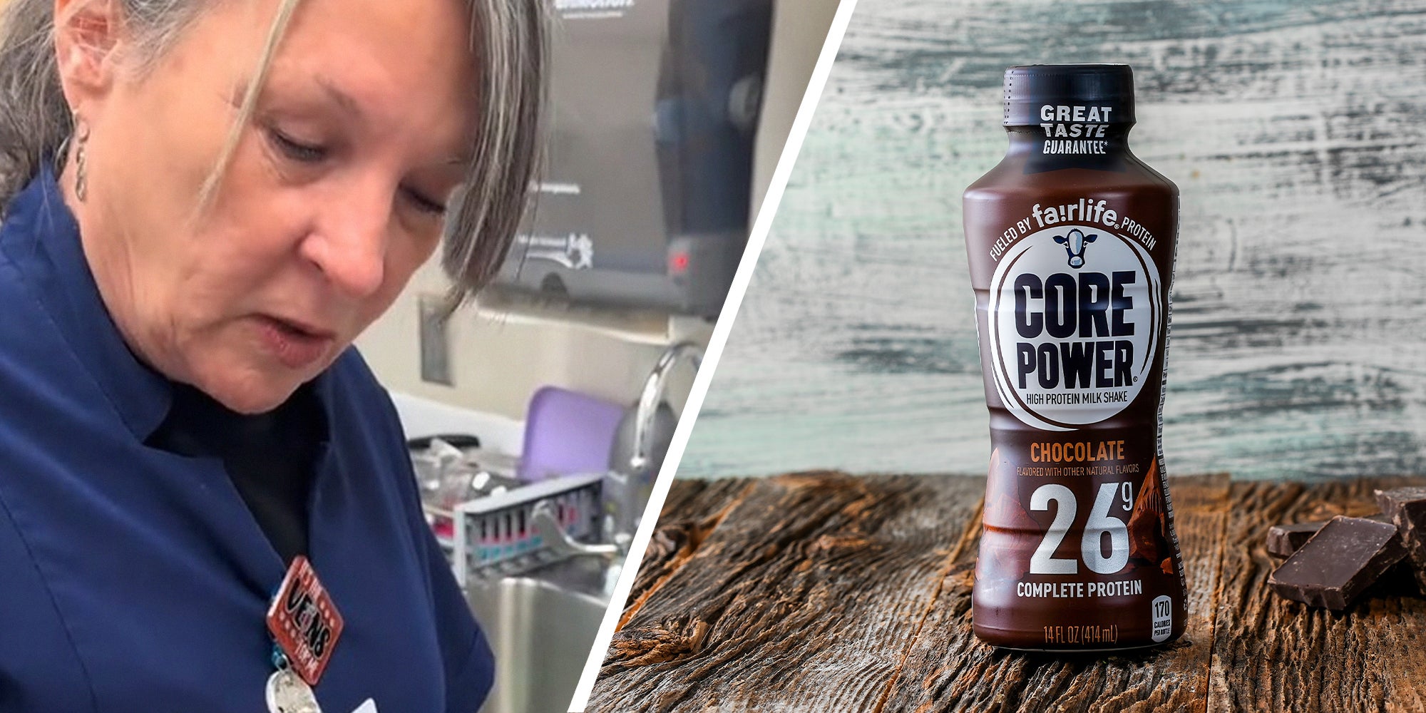 woman opens up core power shake(l)Fairlife Core Power Shake(r)