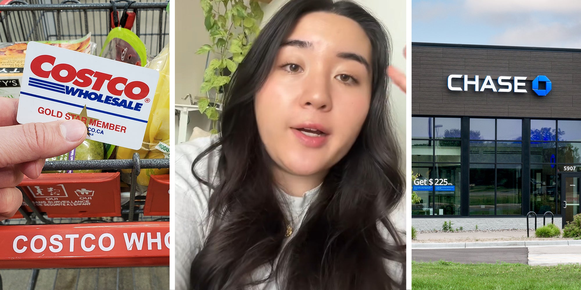 Costco Wholesale card(l) Woman shares costco experience(c) Chase bank front of building(r)