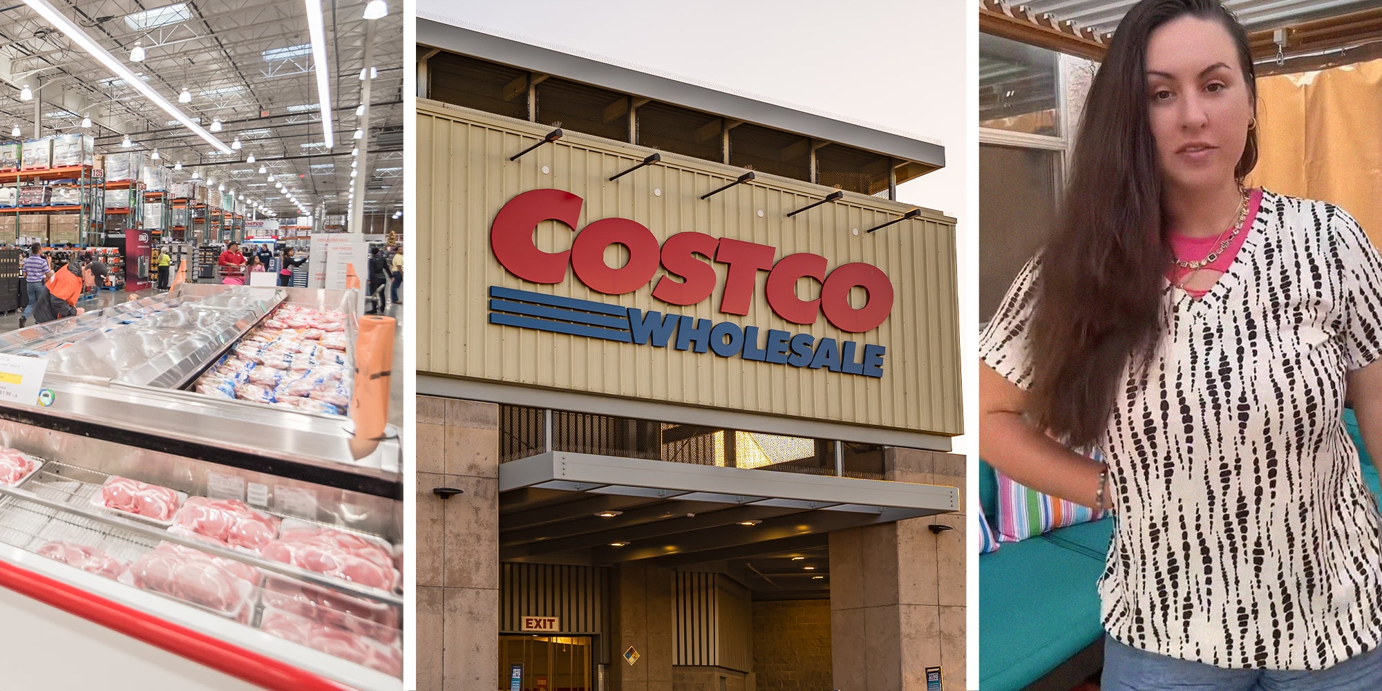 Meats on display at costco(l) Costco Store Front(c) woman shares ribeye hack at costco(r)