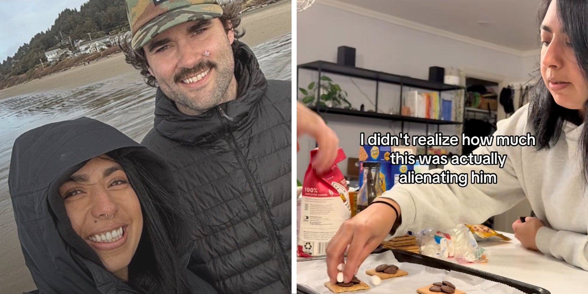 Screenshot of Tiktok user @alyssaaazander and her partner; Screenshot from Tiktok user @alyssaaazander of her baking cookies with her partner with the caption: 'I didn't realize how much this was actually alienating him'