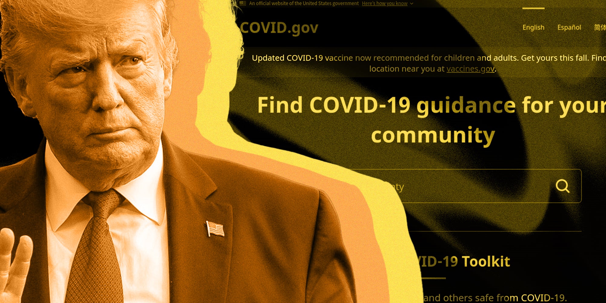 Trump in Colored Overlay with Covid.gov website in background