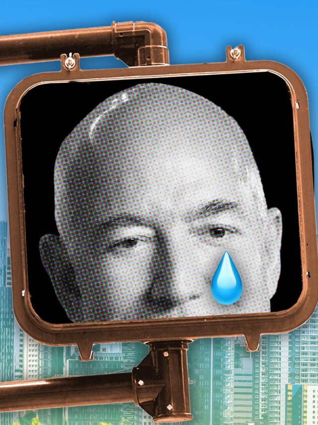 Photo Illustration of a tearful Jeff Bezos in a crosswalk sign in front of the skyline in Seattle.