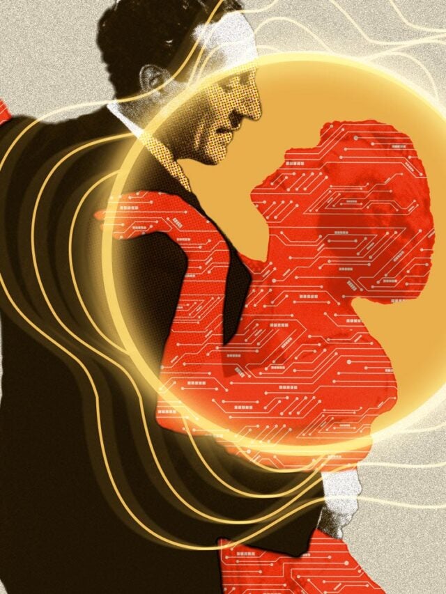 Photo Illustration of a Man dancing with a woman composed of Red AI imagery.