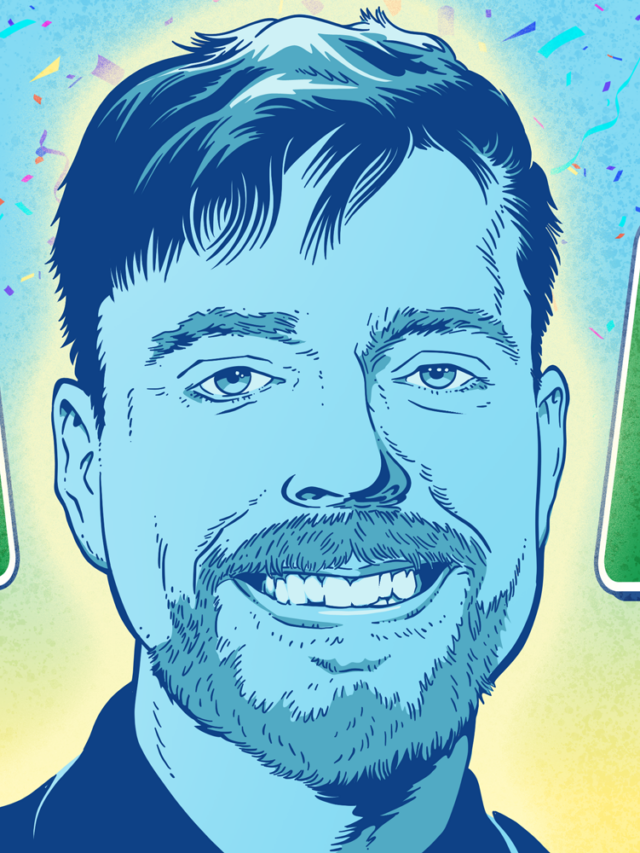 Illustration of Mr. Beast standing in front of 2 town welcome signs, one for Greenville, North Carolina and one for Roswell, Georgia.